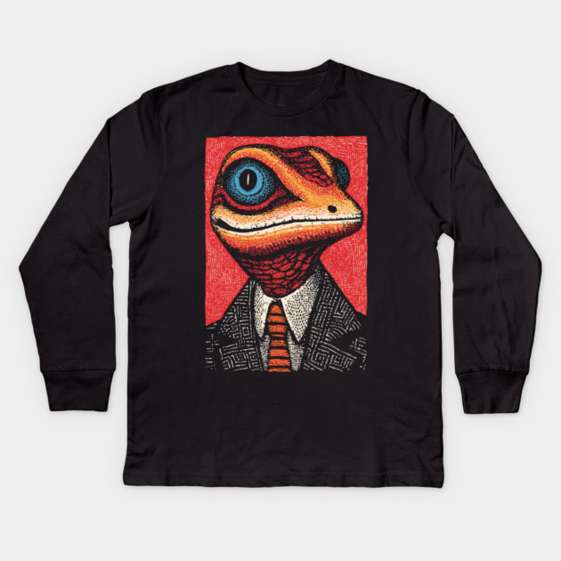 Quirky Gecko in Business Suit Funny Art Design Kids Long Sleeve T-Shirt by TuncGK