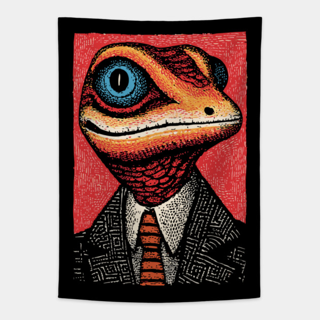 Quirky Gecko in Business Suit Funny Art Design Tapestry by TuncGK