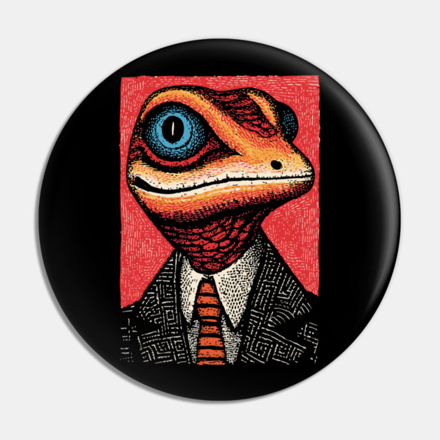Quirky Gecko in Business Suit Funny Art Design Pin by TuncGK