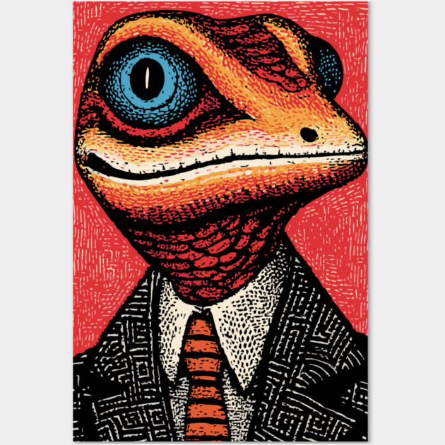 Quirky Gecko in Business Suit Funny Art Design Wall Art by TuncGK