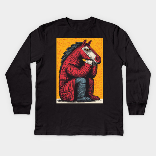 Melancholic Horse Sitting Alone Emotional Art Kids Long Sleeve T-Shirt by TuncGK