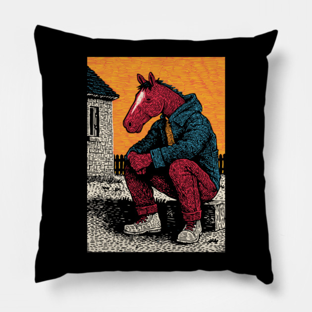 Rustic Country Boy Horse Sitting Art Design Pillow by TuncGK