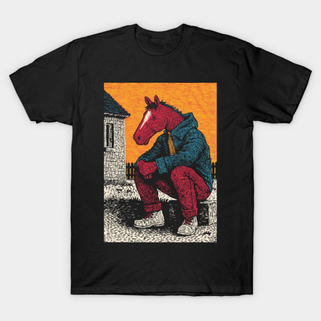 Rustic Country Boy Horse Sitting Art Design T-Shirt by TuncGK