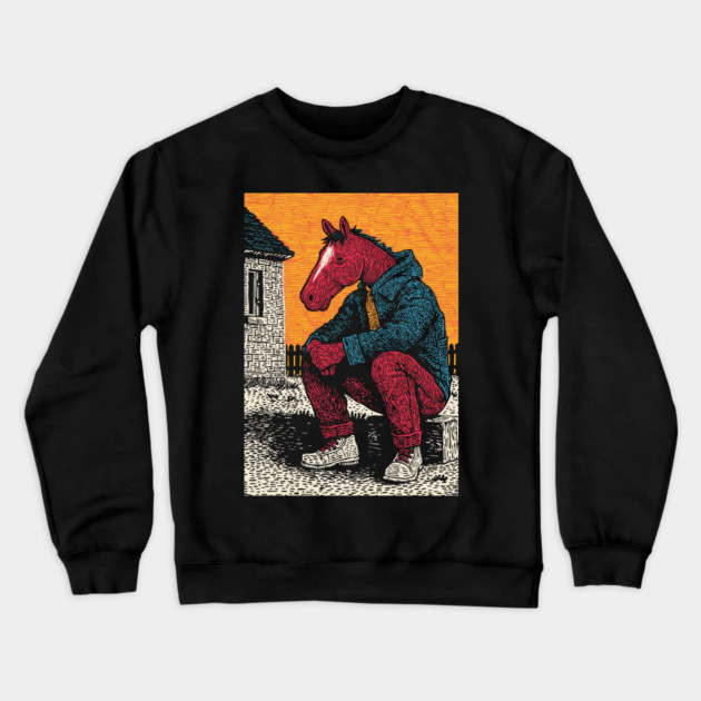 Rustic Country Boy Horse Sitting Art Design Crewneck Sweatshirt by TuncGK