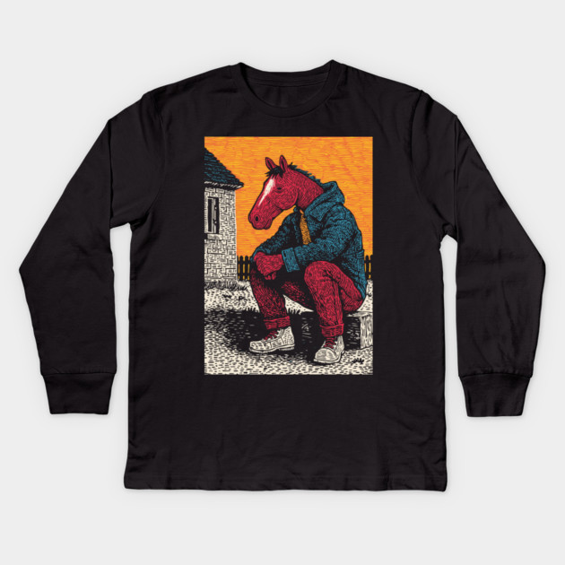 Rustic Country Boy Horse Sitting Art Design Kids Long Sleeve T-Shirt by TuncGK