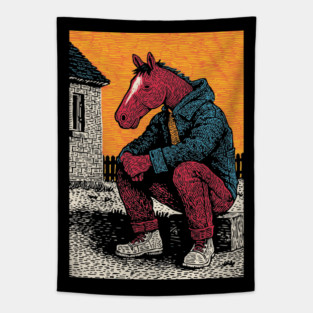 Rustic Country Boy Horse Sitting Art Design Tapestry