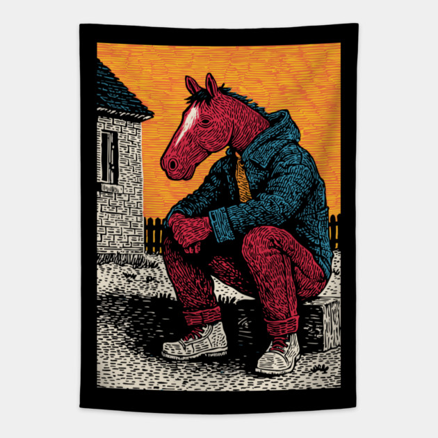 Rustic Country Boy Horse Sitting Art Design Tapestry by TuncGK