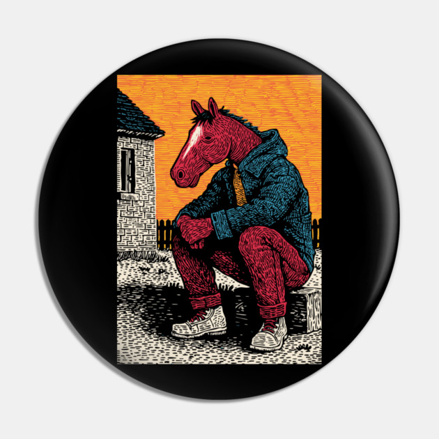 Rustic Country Boy Horse Sitting Art Design Pin by TuncGK