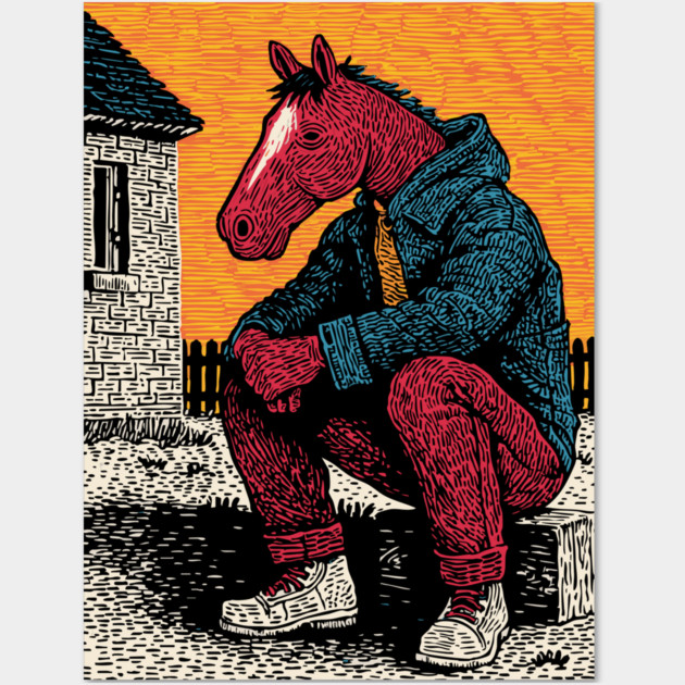 Rustic Country Boy Horse Sitting Art Design Wall Art by TuncGK