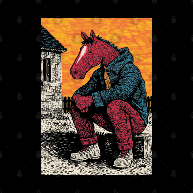 Rustic Country Boy Horse Sitting Art Design by TuncGK