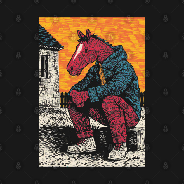 Rustic Country Boy Horse Sitting Art Design by TuncGK