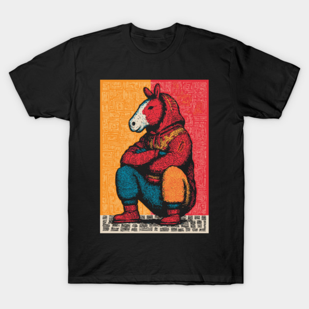 Humorous Gopnik Horse Slav Squatting Art T-Shirt by TuncGK