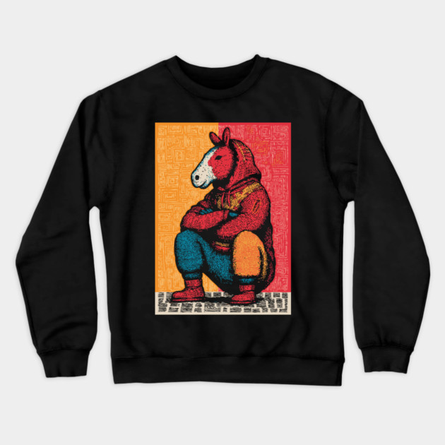 Humorous Gopnik Horse Slav Squatting Art Crewneck Sweatshirt by TuncGK