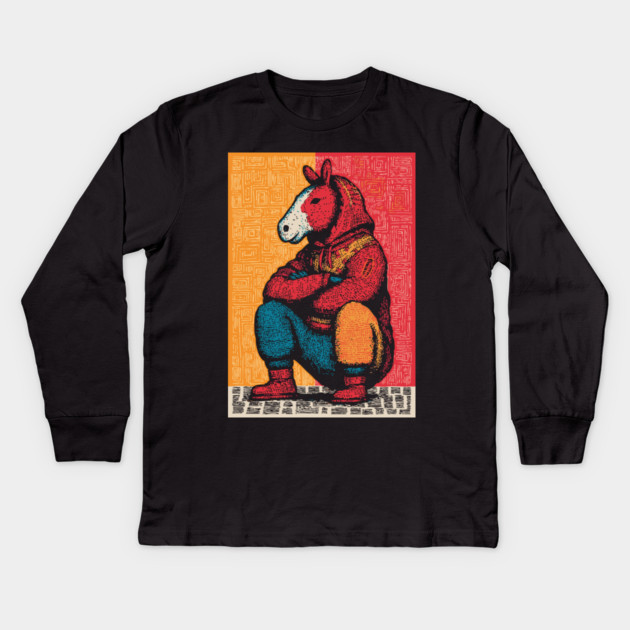 Humorous Gopnik Horse Slav Squatting Art Kids Long Sleeve T-Shirt by TuncGK