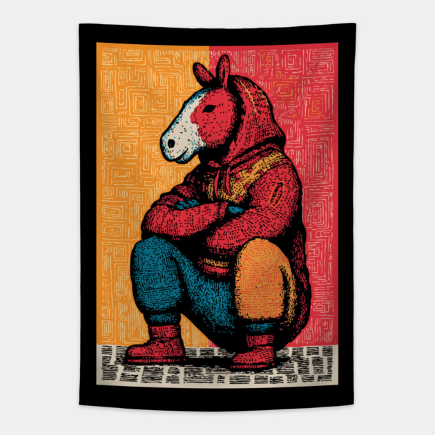 Humorous Gopnik Horse Slav Squatting Art Tapestry by TuncGK