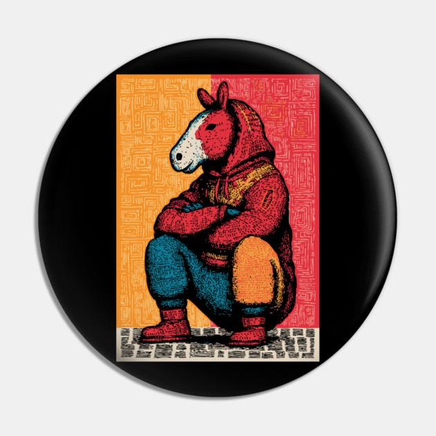 Humorous Gopnik Horse Slav Squatting Art Pin by TuncGK