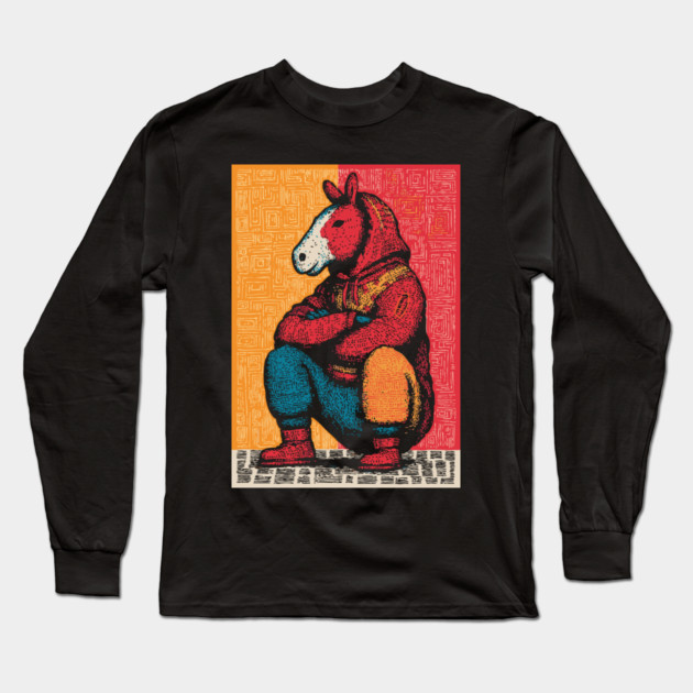 Humorous Gopnik Horse Slav Squatting Art Long Sleeve T-Shirt by TuncGK