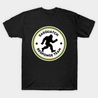 Sasquatch research team | Bigfoot Wilderness Badge Parody Logo – Retro Cryptid Adventure Emblem Design T-Shirt