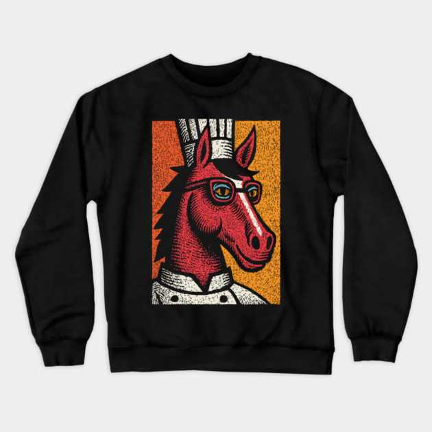 Hipster Chef Cook Horse with Glasses Art Design Crewneck Sweatshirt by TuncGK