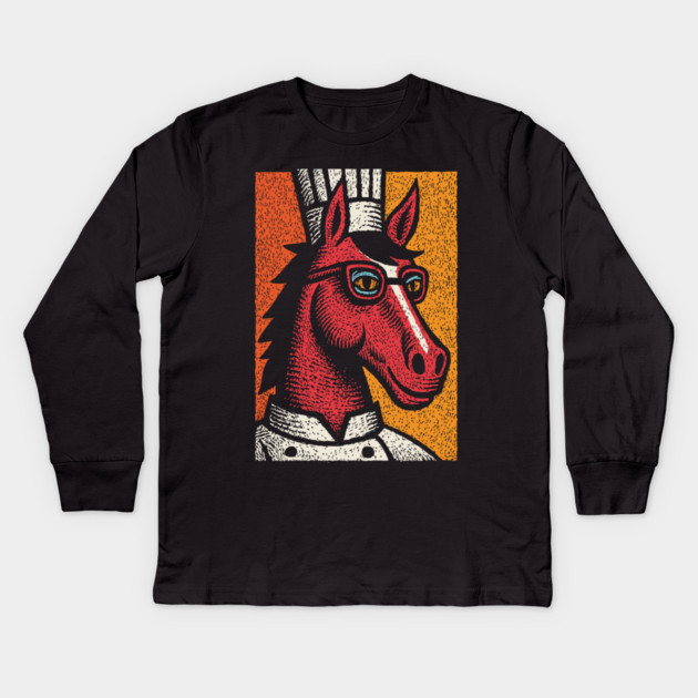 Hipster Chef Cook Horse with Glasses Art Design Kids Long Sleeve T-Shirt by TuncGK