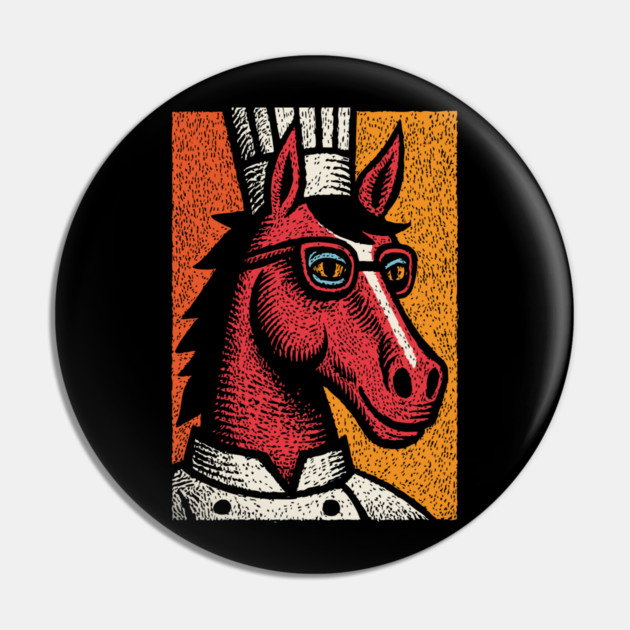 Hipster Chef Cook Horse with Glasses Art Design Pin by TuncGK