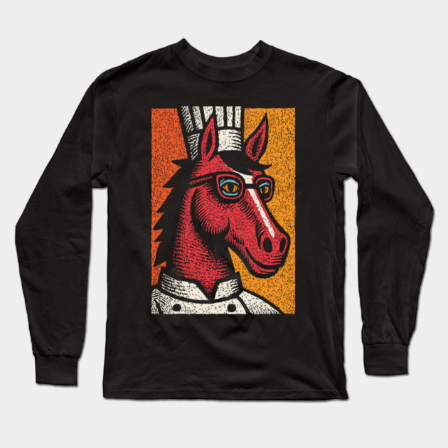 Hipster Chef Cook Horse with Glasses Art Design Long Sleeve T-Shirt by TuncGK