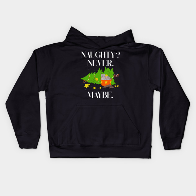 Mischief Cat Topples Christmas Tree — Naughty? Never. Maybe. Kids Hoodie by Creatifly Graphic Tees