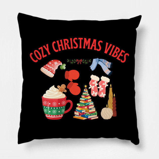 Cozy Christmas Vibes — Hot Cocoa, Mittens, Fuzzy Socks, Book Tree & Candles Pillow by Creatifly Graphic Tees