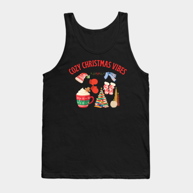 Cozy Christmas Vibes — Hot Cocoa, Mittens, Fuzzy Socks, Book Tree & Candles Tank Top by Creatifly Graphic Tees