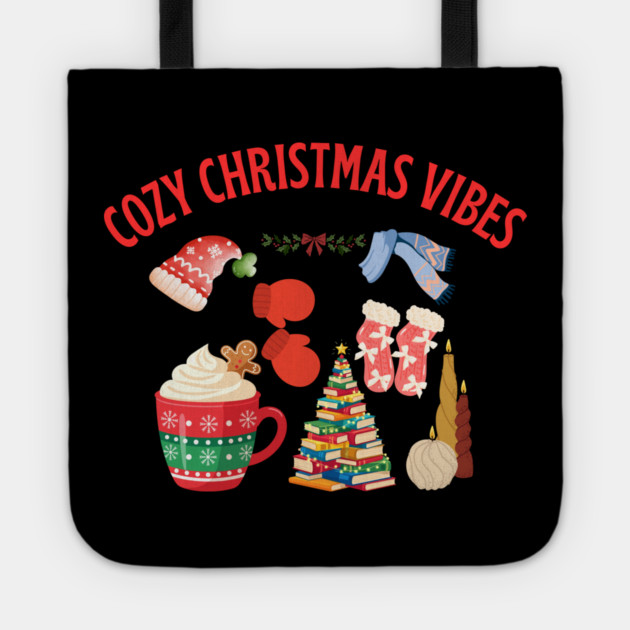 Cozy Christmas Vibes — Hot Cocoa, Mittens, Fuzzy Socks, Book Tree & Candles Tote by Creatifly Graphic Tees