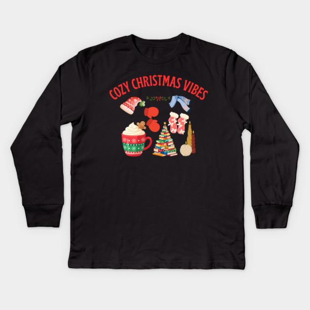 Cozy Christmas Vibes — Hot Cocoa, Mittens, Fuzzy Socks, Book Tree & Candles Kids Long Sleeve T-Shirt by Creatifly Graphic Tees