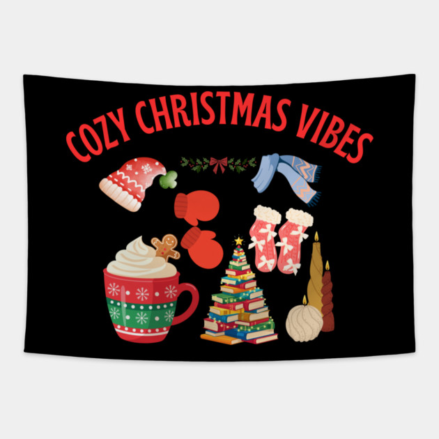 Cozy Christmas Vibes — Hot Cocoa, Mittens, Fuzzy Socks, Book Tree & Candles Tapestry by Creatifly Graphic Tees