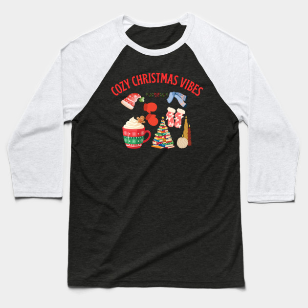 Cozy Christmas Vibes — Hot Cocoa, Mittens, Fuzzy Socks, Book Tree & Candles Baseball T-Shirt by Creatifly Graphic Tees