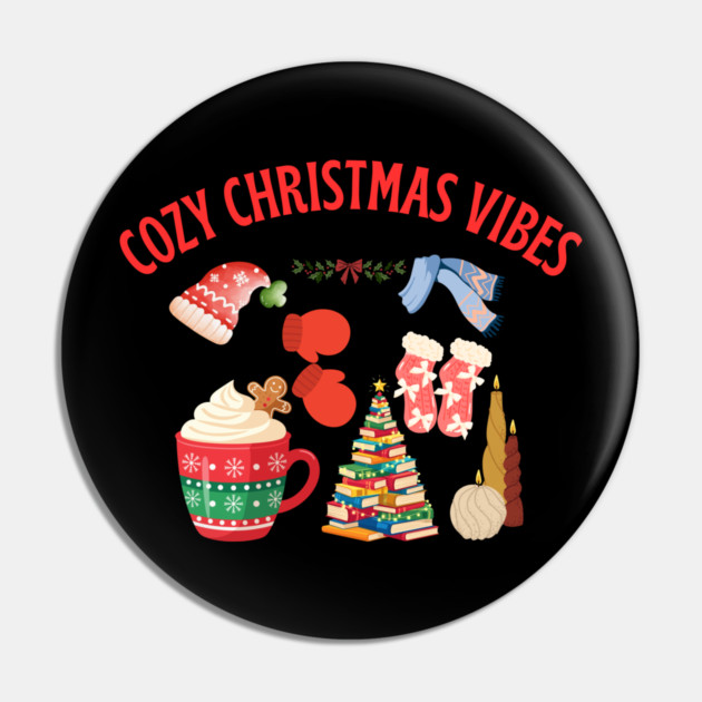 Cozy Christmas Vibes — Hot Cocoa, Mittens, Fuzzy Socks, Book Tree & Candles Pin by Creatifly Graphic Tees
