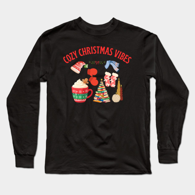 Cozy Christmas Vibes — Hot Cocoa, Mittens, Fuzzy Socks, Book Tree & Candles Long Sleeve T-Shirt by Creatifly Graphic Tees