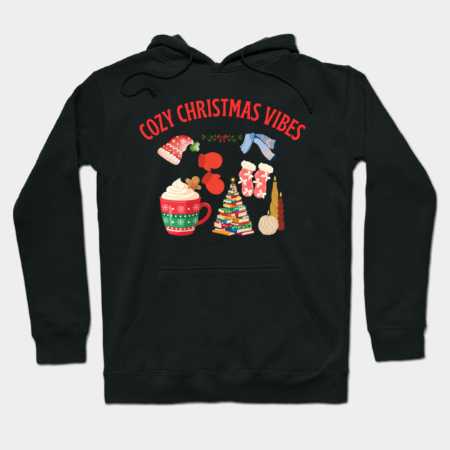 Cozy Christmas Vibes — Hot Cocoa, Mittens, Fuzzy Socks, Book Tree & Candles Hoodie by Creatifly Graphic Tees