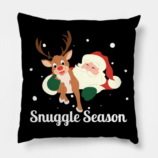 Snuggle Season - Jolly Santa With Friendly Reindeer in Falling Snow Pillow by Creatifly Graphic Tees
