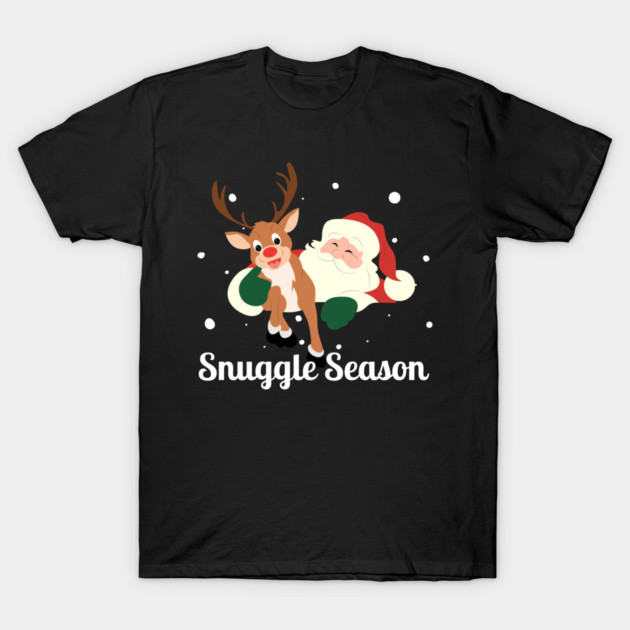 Snuggle Season - Jolly Santa With Friendly Reindeer in Falling Snow T-Shirt by Creatifly Graphic Tees