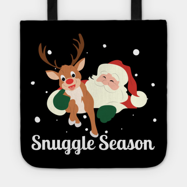 Snuggle Season - Jolly Santa With Friendly Reindeer in Falling Snow Tote by Creatifly Graphic Tees