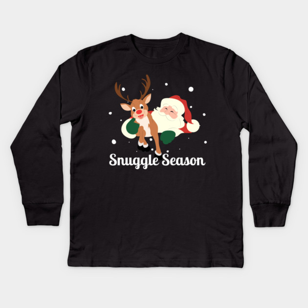 Snuggle Season - Jolly Santa With Friendly Reindeer in Falling Snow Kids Long Sleeve T-Shirt by Creatifly Graphic Tees