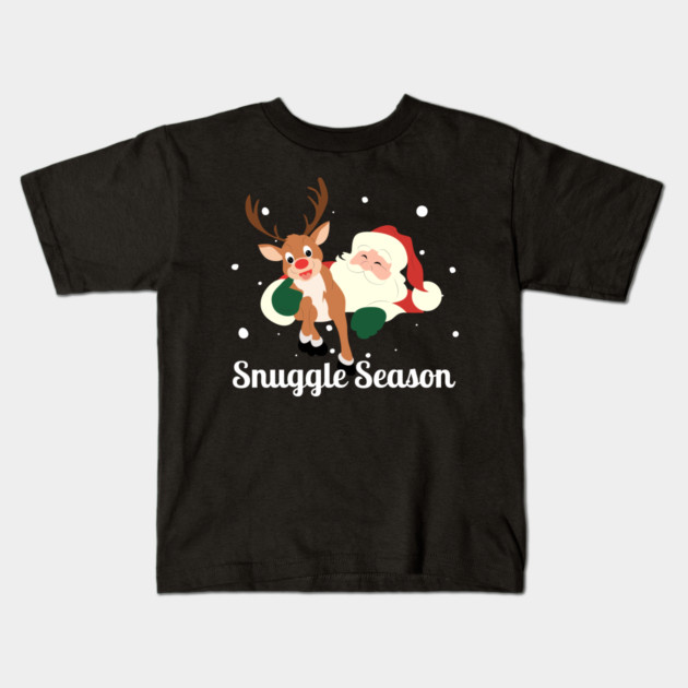 Snuggle Season - Jolly Santa With Friendly Reindeer in Falling Snow Kids T-Shirt by Creatifly Graphic Tees