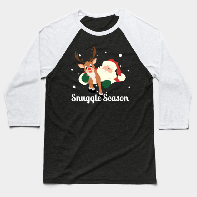 Snuggle Season - Jolly Santa With Friendly Reindeer in Falling Snow Baseball T-Shirt by Creatifly Graphic Tees