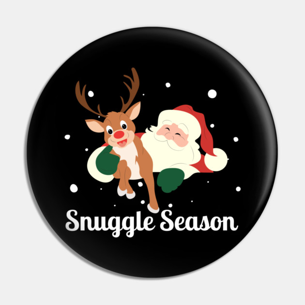 Snuggle Season - Jolly Santa With Friendly Reindeer in Falling Snow Pin by Creatifly Graphic Tees