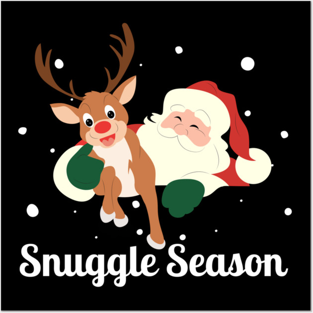 Snuggle Season - Jolly Santa With Friendly Reindeer in Falling Snow Wall Art by Creatifly Graphic Tees