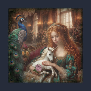 Elegant Princess with Unicorn and Peacock T-Shirt