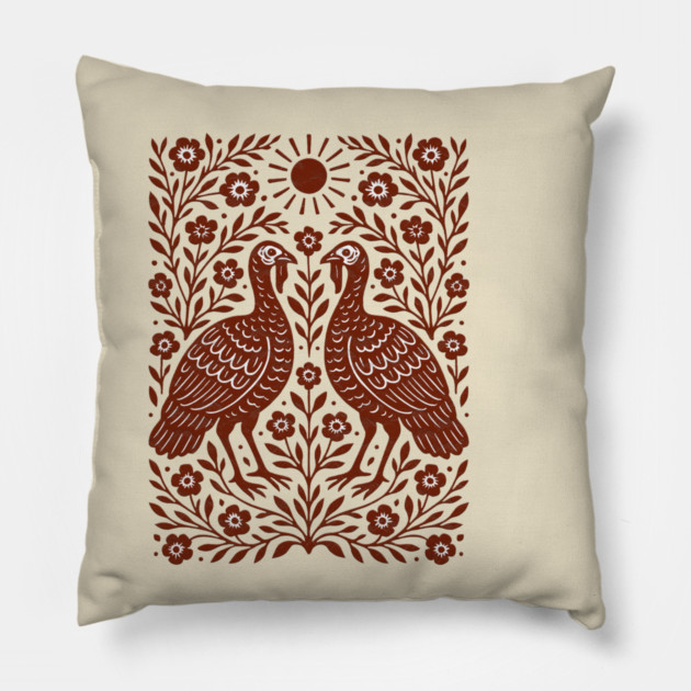 Floral Turkey Linocut Folk Art Vintage Rustic Thanksgiving Pillow by Db Printed