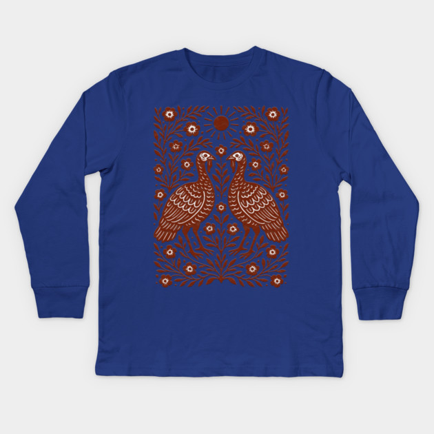 Floral Turkey Linocut Folk Art Vintage Rustic Thanksgiving Kids Long Sleeve T-Shirt by Db Printed
