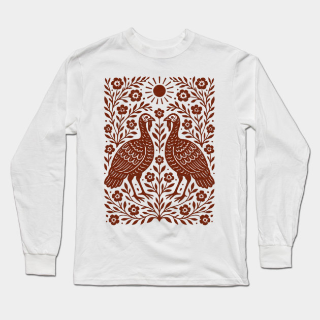 Floral Turkey Linocut Folk Art Vintage Rustic Thanksgiving Long Sleeve T-Shirt by Db Printed