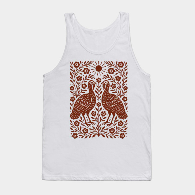 Floral Turkey Linocut Folk Art Vintage Rustic Thanksgiving Tank Top by Db Printed