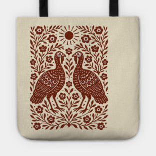 Floral Turkey Linocut Folk Art Vintage Rustic Thanksgiving Tote
